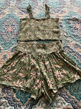 aerie Green Floral Smocked Crop Top & Shorts Set